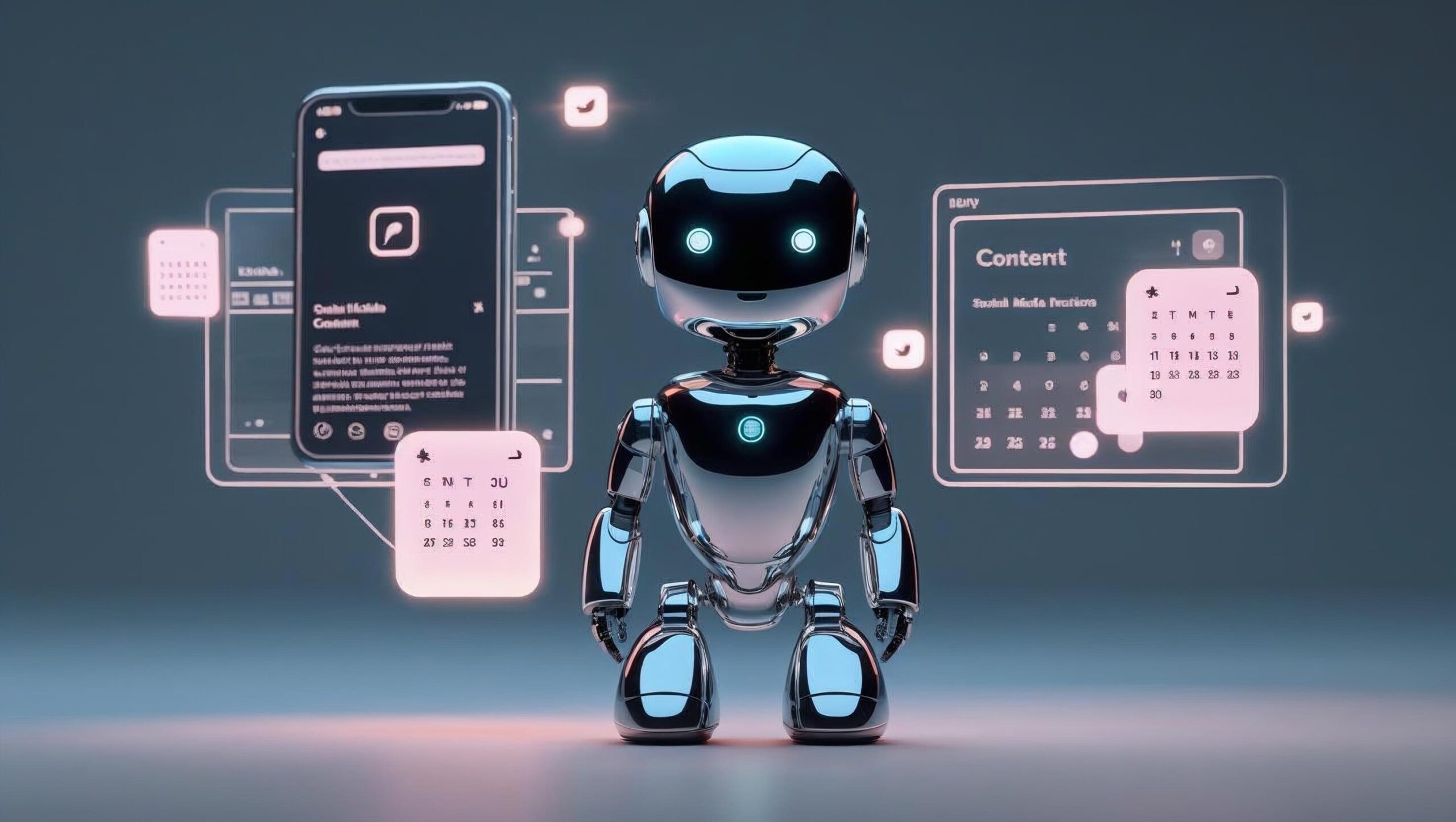 Illustration of an AI robot connected to content feeds and calendars, with minimal interface around it posting to social media illustration of an overwhelmed business owner with multiple screens open and scattered sticky notes on their desk trying to post to different social media channels for their own business.