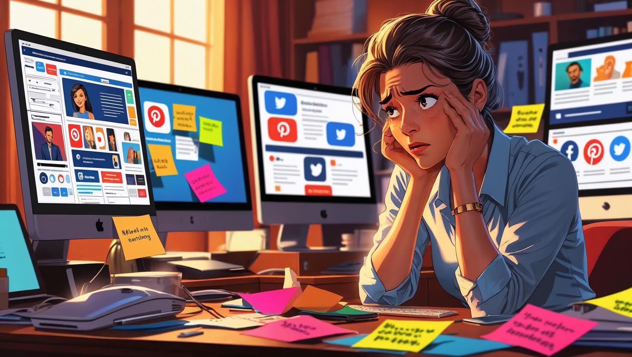 illustration of an overwhelmed business owner with multiple screens open and scattered sticky notes on their desk trying to post to different social media channels for their own business. illustration of an overwhelmed business owner with multiple screens open and scattered sticky notes on their desk trying to post to different social media channels for their own business.